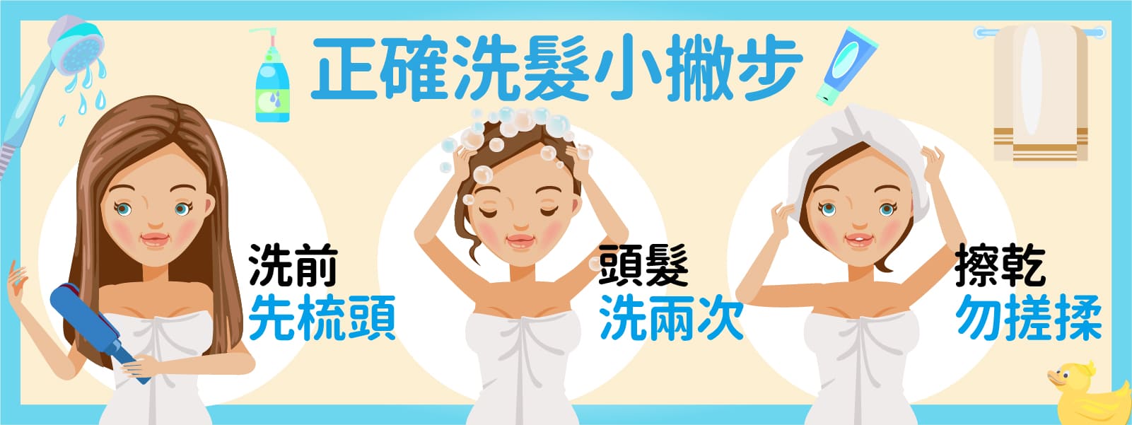 正確洗頭步驟，洗頭前先梳頭，頭髮洗兩次，洗完頭髮用擦乾的方式，勿搓揉頭髮