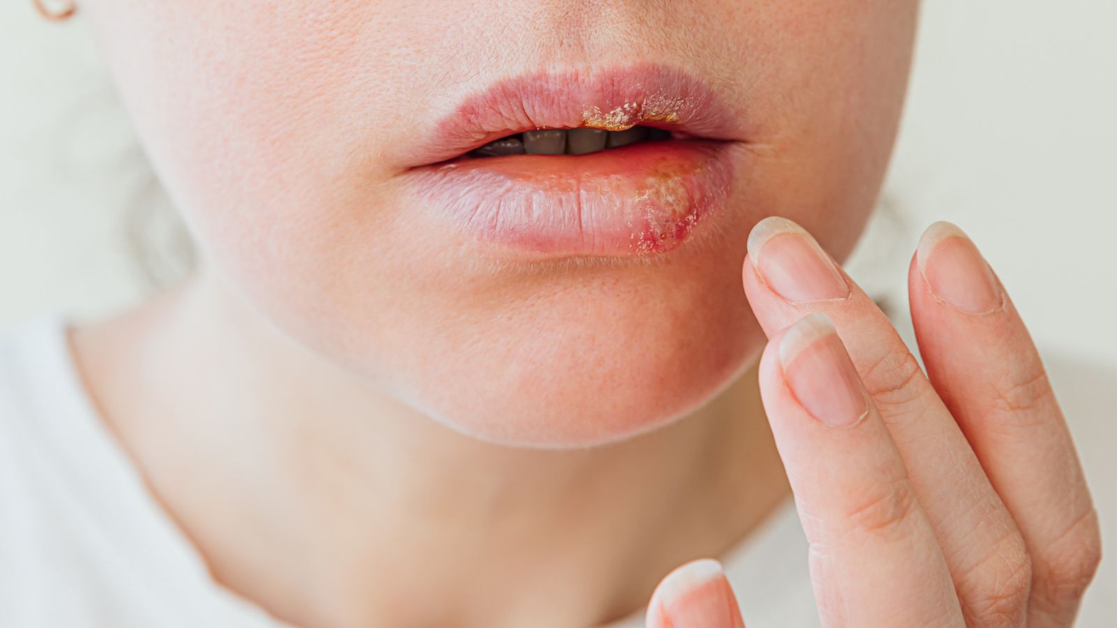 A young woman touched her face because her lips herpes hurt so bad.
